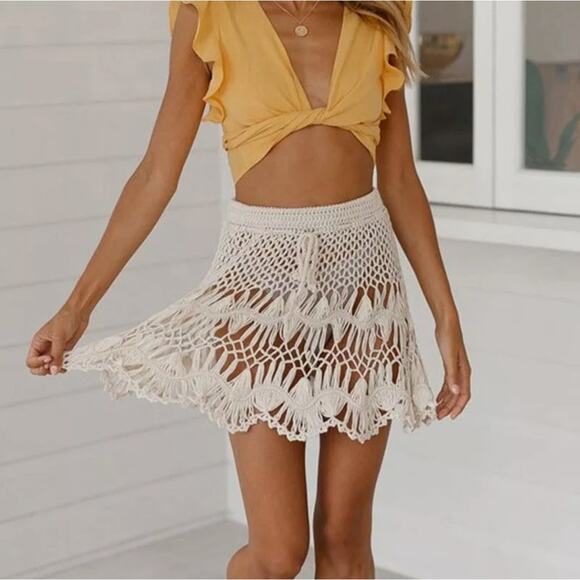Summer Boho Crochet Mini Skirt Swimsuit Cover Women's Size 8 - Picture 3 of 14